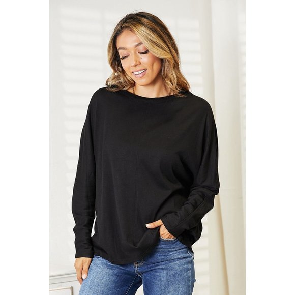 Seam Detail Round Neck Long Sleeve Top Solid BLACK - Picture 1 of 9